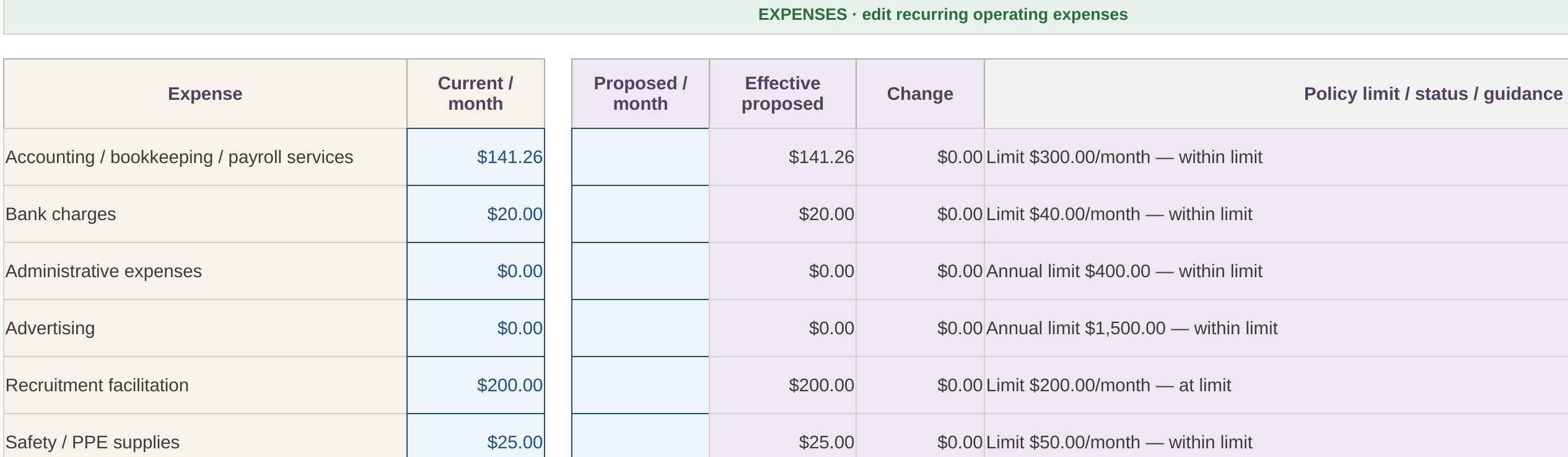 Expenses sheet of the synthetic example. Each row has a current monthly amount, a blank proposed amount, a change, and a policy note. Accounting is within its monthly limit.